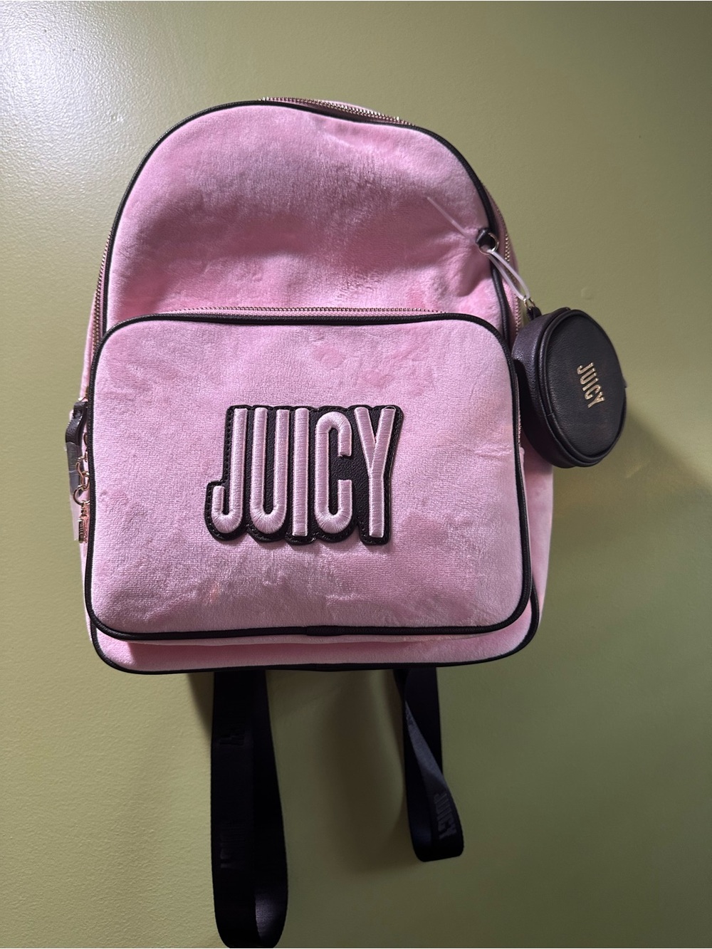 Juicy Couture Pink Velvet Backpack with Black Trim and Pouch